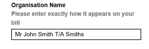 Grant form showing organisation name to help companies trading as