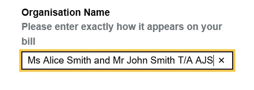 Grant form showing organisation name to help owners trading as