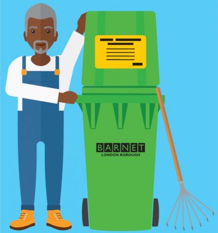 Older person standing next to a green coloured Barnet garden waste bin with a yellow sticker on the bin lid