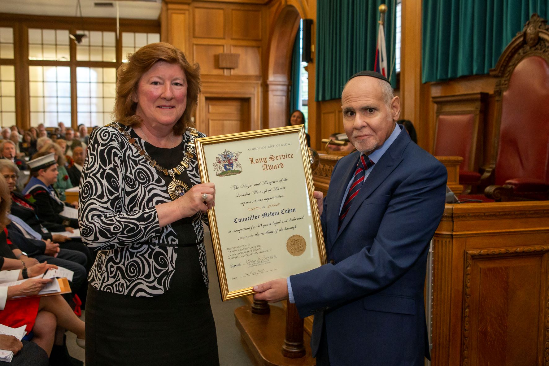 Cllr Cohen being recognised for 40 years of continual service