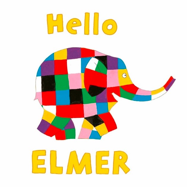 An image of children's character Elmer the Elephant and text