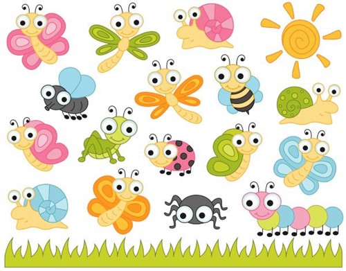 Cartoon butterflies, caterpillars, and other insects