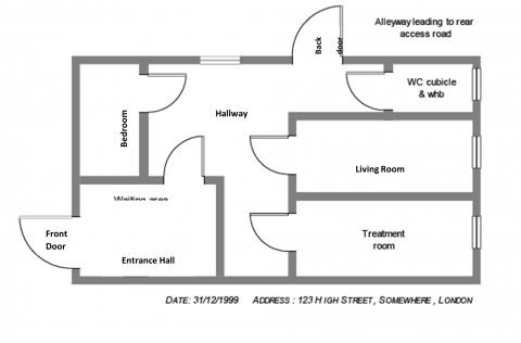 A HMO floorplan example dated 31/12/1999. Address is 123 Highstreet, Somewhere, London.  It is a line drawing of the rooms of a house. Each room is marked with a description of the room from clockwise: backdoor, alleyway leading to rear, bathroom/wc, living room, kitchen, entrance hall, front door, bedroom, hallway.