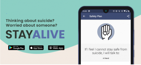 Words: Thinking about suicide? Worried about someone? STAYALIVE Images: Picture of a phone screen, illustrating the STAYALIVE app.