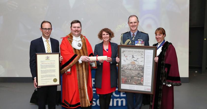 Councillor Thompstone giving RAF museum freedom of the borough