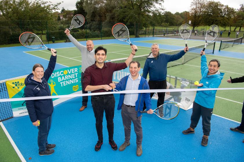Cllrs Naqvi and Schneiderman with locals opening Sunnyhill Park Tennis courts