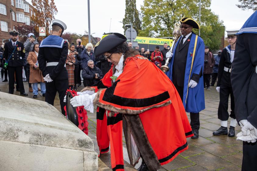 The Worshipful Mayor of Barnet, Cllr Nagus Narenthira, lays a wreath at Hendon War Memorial on Remembrance Sunday.